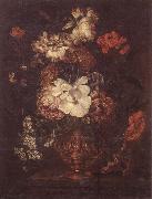 unknow artist Still life of Roses,Carnations,Daisies,peonies and convulvuli in a gilt vase,upon a stone ledge oil on canvas